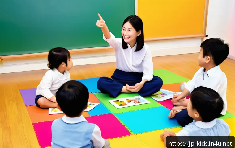 유아교육지도사 강의 중 사용 가능한 시각 자료 추천 - A colorful early childhood classroom scene featuring a cheerful Japanese preschool teacher showing l...