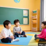 유아교육지도사 실무 중 발생할 수 있는 문제 분석 - A warm and welcoming preschool classroom scene showing a diverse group of young children playing tog...