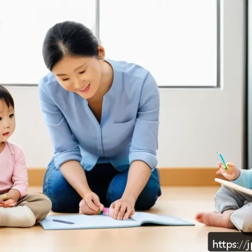 유아교육지도사와 연계된 다른 직업군 - A warm, modern early childhood education setting showing a diverse group of professionals including ...