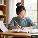 유아교육지도사 필기시험 고득점 사례 연구 - A focused Japanese young woman studying at a modern desk in a cozy room filled with educational book...