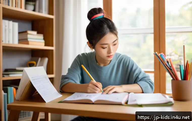 유아교육지도사 필기시험 고득점 사례 연구 - A focused Japanese young woman studying at a modern desk in a cozy room filled with educational book...