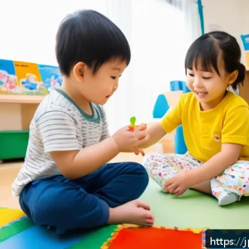유아교육지도사 신입 교육생의 일상 - A warm and bright preschool classroom scene in Japan, featuring a diverse group of young children ag...