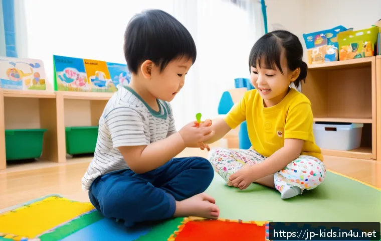 유아교육지도사 신입 교육생의 일상 - A warm and bright preschool classroom scene in Japan, featuring a diverse group of young children ag...