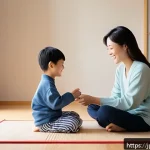 유아교육지도사로서의 부모와의 소통법 - A warm and cozy Japanese family scene in a modern living room during morning time, a parent and a yo...