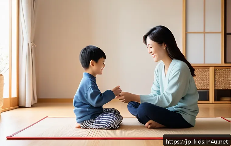 유아교육지도사로서의 부모와의 소통법 - A warm and cozy Japanese family scene in a modern living room during morning time, a parent and a yo...
