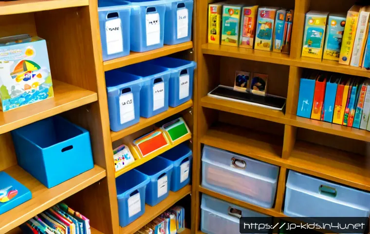 유아교육지도사로서의 교육 자료 보관법 - Photorealistic Japanese early childhood educator organizing colorful teaching materials in labeled-f...